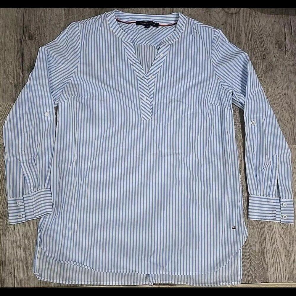 Tommy Hilfiger Women's Blue & White Striped Dress Shirt
